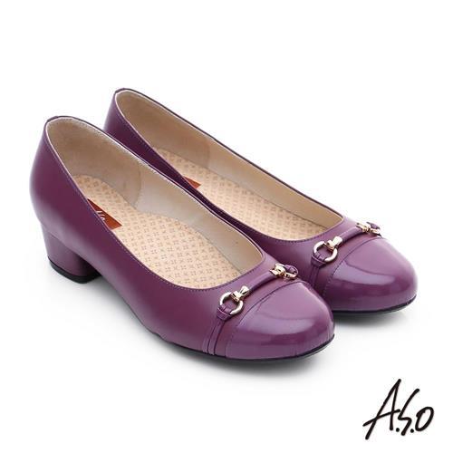 A.S.O 3E舒活寬楦 全牛皮飾帶窩心奈米低跟鞋- 紫紅