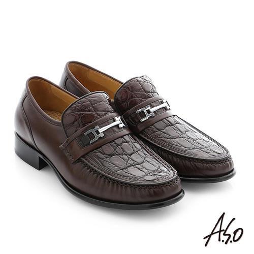 A.S.O 極致工藝 鱷魚牛皮金屬飾釦手縫紳士鞋 咖啡