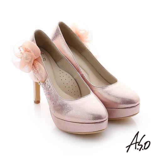 A.S.O 璀璨注目 真皮立體飾花金蔥布貼鑽高跟鞋- 粉紅