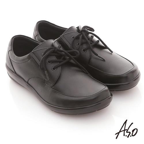 A.S.O 學生鞋款 全真皮素面綁帶氣墊鞋 黑