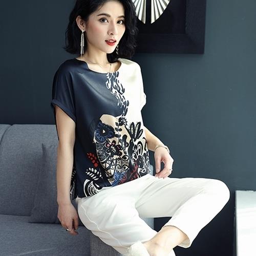 adora 仿桑蠶絲寬鬆印花氣質仿真絲短袖t恤