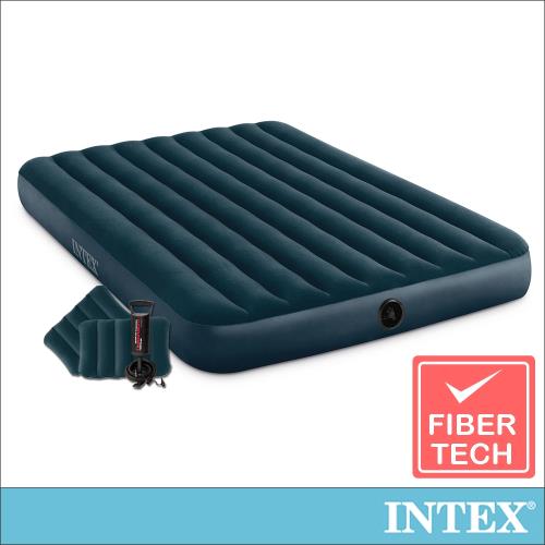 INTEX經典雙人充氣床(綠絨)-寬152cm-特惠組合(附手壓幫浦+枕頭*2)(64736)