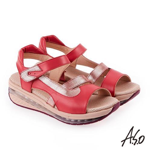 A.S.O 超能力 金箔亮麗拼接皮革輕量奈米鞋墊休閒涼鞋- 桃粉紅