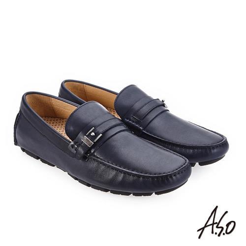 A.S.O 超能耐二代 低調簡約飾釦樂福鞋-深藍