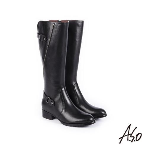 A.S.O 簡約線條 細緻質感壓紋真皮長靴-黑