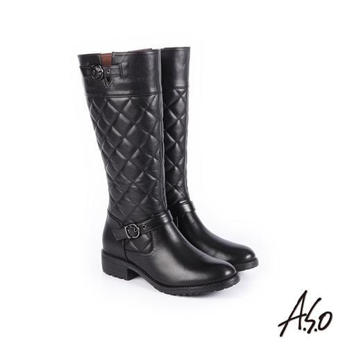 A.S.O 經典格紋 中性風真皮時髦長靴-黑