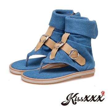 【Kissxxx】個性牛仔皮帶拼接復古造型平底夾腳涼鞋 水藍