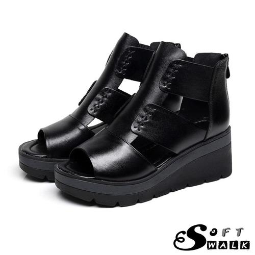 【SOFT WALK 舒步】真皮頭層牛皮手工縫線造型防水台厚底羅馬涼鞋(黑)