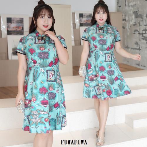 FUWAFUWA-  加大尺碼中國風改良旗袍款短袖洋裝
