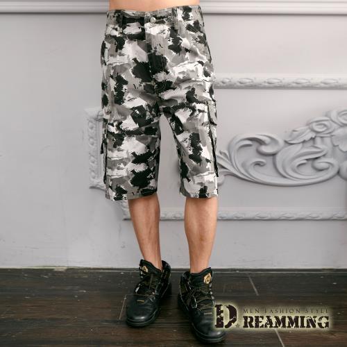 【Dreamming】街頭潑畫迷彩休閒側袋工作短褲(灰白)