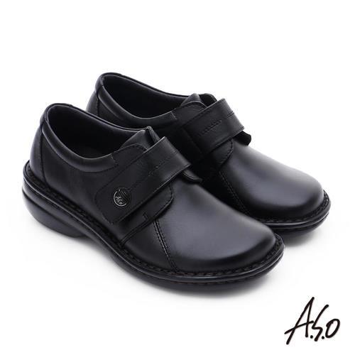 A.S.O 手縫氣墊-3E寬楦 魔鬼氈圓飾扣氣墊鞋- 黑