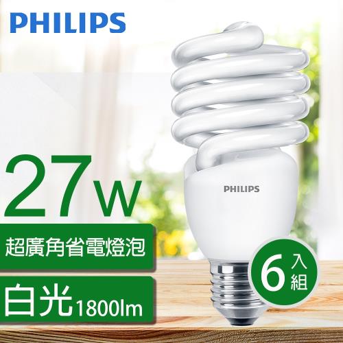 【買就送省電燈泡1顆】飛利浦PHILIPS  Tornado 螺旋省電燈泡T2 27W E27 120V 白光 (6入組)