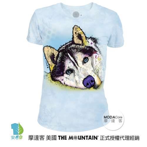 摩達客-美國The Mountain都會系列 彩繪哈士奇雪橇犬 圓領藝術修身女版短袖T恤   個性時尚  輕透柔軟舒適高級混紡  