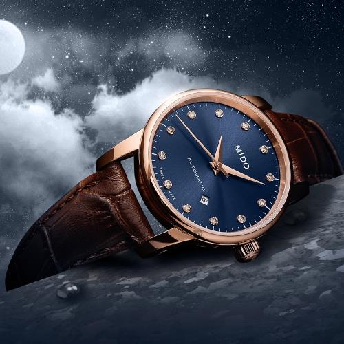 MIDO美度永恆系列午夜藍真鑽機械女錶-藍x咖啡錶帶/29mmM76003658