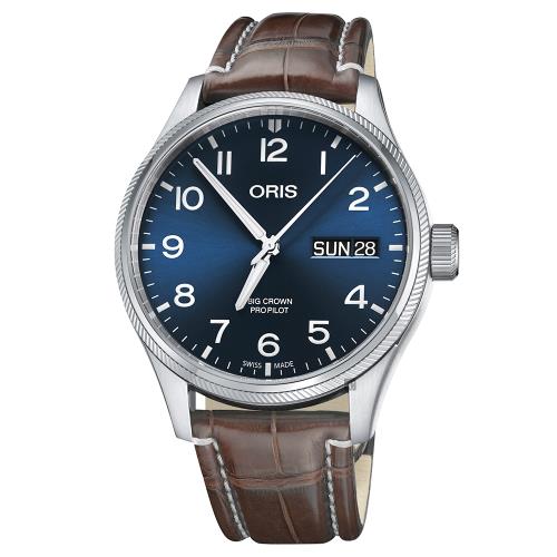 Oris豪利時BigCrown日曆星期機械錶-藍x咖啡色錶帶/45mm0175276984065-0712272FC