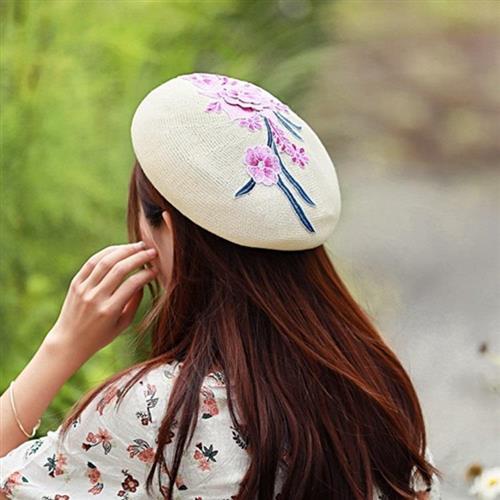 【米蘭精品】貝雷帽畫家帽立體粉色花朵刺繡女帽子73vt12