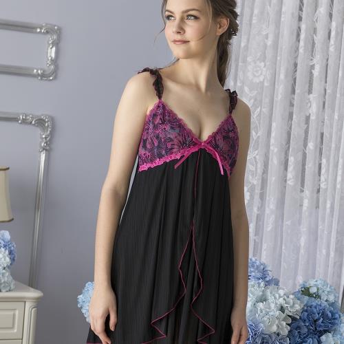 【皮爾卡登】開衩刺繡蕾絲牛奶絲連身睡衣