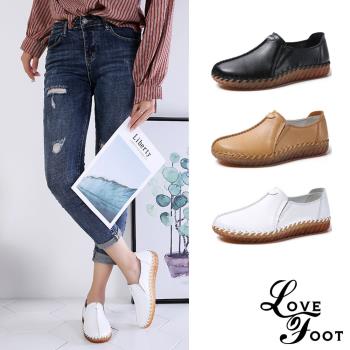 【LOVE FOOT樂芙】真皮復古手工縫線造型超軟底平底樂福鞋(3色任選)