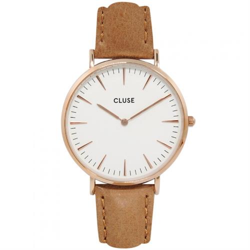 CLUSE荷蘭精品手錶 波西米亞玫瑰金系列 白錶盤/焦糖棕色皮革錶帶手錶38mm CL18011