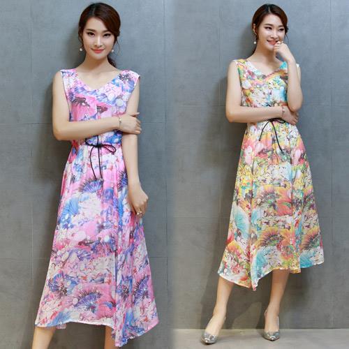 韓國KW 現貨夏季修身顯瘦印花無袖洋裝