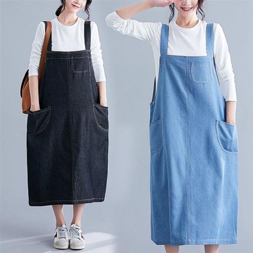 【Keer】百搭純色吊帶背心大口袋牛仔裙L-XL(共二色)
