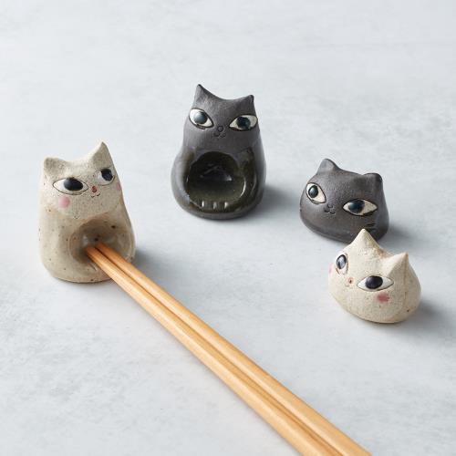 有種創意 – 日本美濃燒 – 陶製手作筷架 – 貓咪們4件組