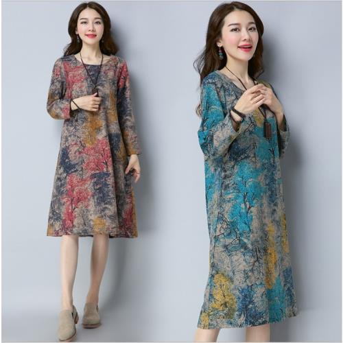 麗莎熊 LisaBear 秋意棉麻精美印花寬鬆連身洋(長袖款) M~5XL 大尺碼可選