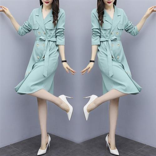 【KVOLL】韓版雙排釦繫帶連衣裙風衣外套L-4XL(共三色)
