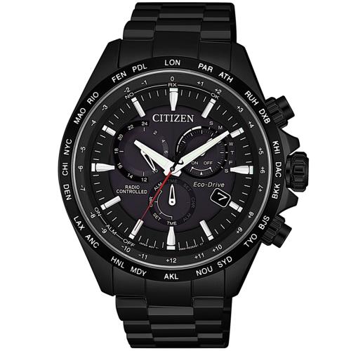 CITIZEN 星辰 光動能電波三眼萬年曆計時手錶/黑/45mm/CB5835-83E