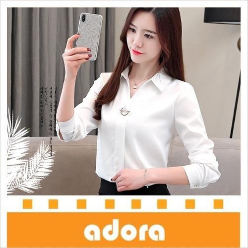 adora 韓版V領仿真絲長袖職業雪紡衫(3色)