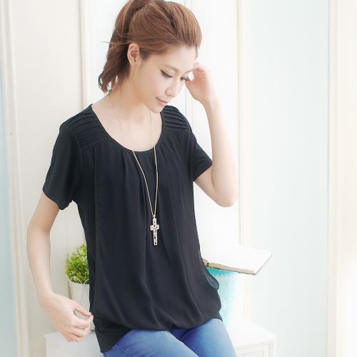 大尺碼-雪紡接片壓折棉短袖上衣(簡約黑)lingling