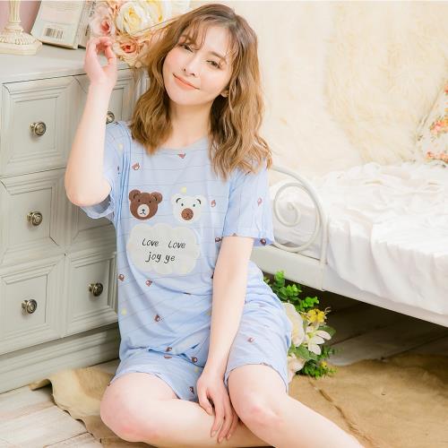 lingling日系 小熊貼布橫條紋牛奶絲二件式睡衣組(全尺碼,共二色)