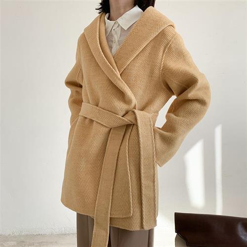 【米蘭精品】毛呢大衣羊毛外套-短版繫帶寬鬆連帽女外套4色73wb24