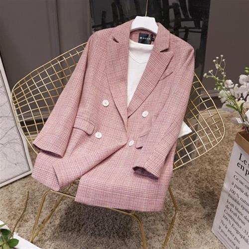 【米蘭精品】西裝外套小西服-翻領粉色格紋寬鬆女外套73wd25