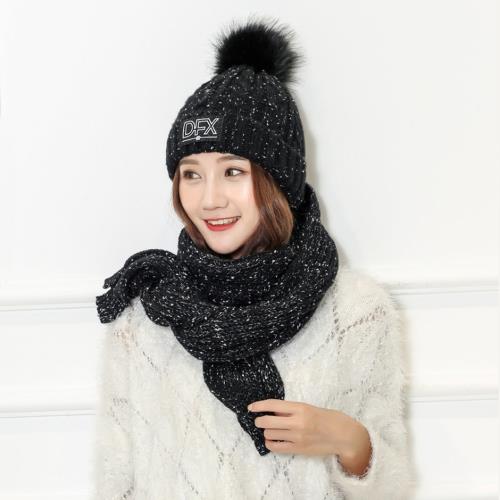 Acorn*橡果-韓系字母針織加絨毛帽+圍巾1806(兩件組-黑色)