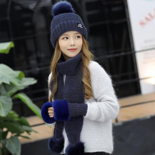 Acorn*橡果-韓系針織保暖加厚毛帽+圍巾+手套1802(三件組-藍色)