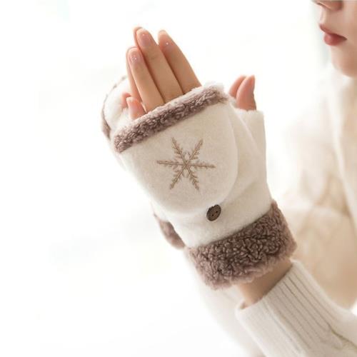 【日上川良品】冬季雪花翻蓋半指保暖手套