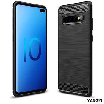 YANGYI揚邑-Samsung Galaxy S10 Plus S10+ 拉絲紋碳纖維軟殼散熱防震抗摔手機殼-黑