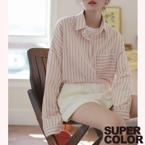 現貨+預購 SUPER COLOR 文青氣質條紋長袖寬鬆襯衫/罩衫
