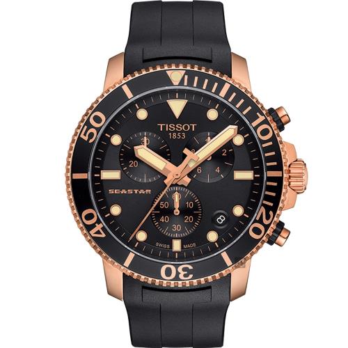 TISSOT天梭Seastar1000海洋之星300米計時手錶-黑x玫塊金框T1204173705100