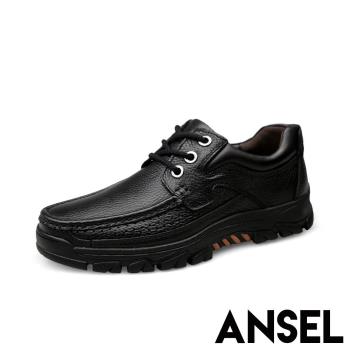 【Ansel】全真皮頭層牛皮機能防滑手工縫線綁帶造型休閒鞋 黑
