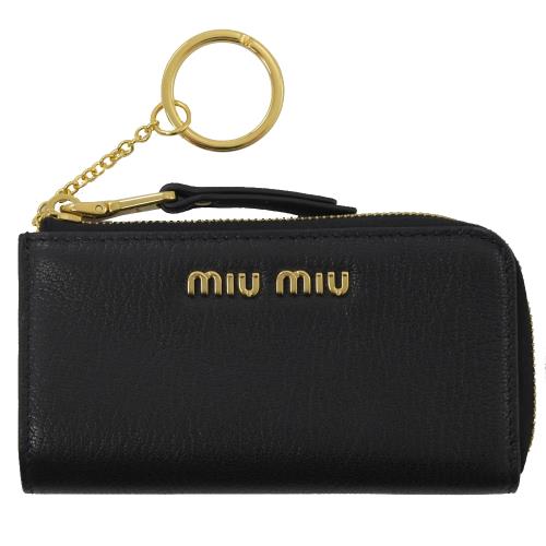 MIU MIU 5PP026 浮雕LOGO全牛皮鑰匙零錢包.黑