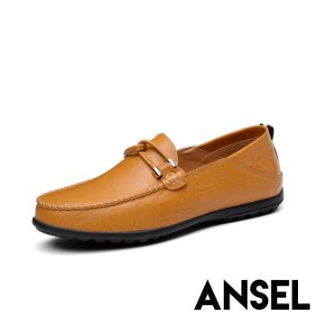 【Ansel】兩穿法真皮舒適手工縫線一字勾繩造型休閒豆豆鞋 黃