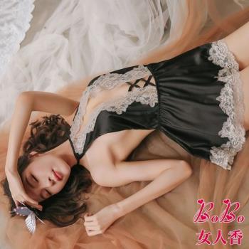 女人香 冰絲公主蕾絲鏤空V領睡衣裙性感裸背-耀眼黑