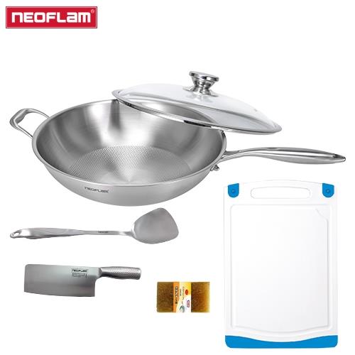 NEOFLAM 316不銹鋼36cm炒鍋6件組(贈強化玻璃鍋蓋+304不銹鋼鍋鏟+剁刀+砧板+菜瓜布)