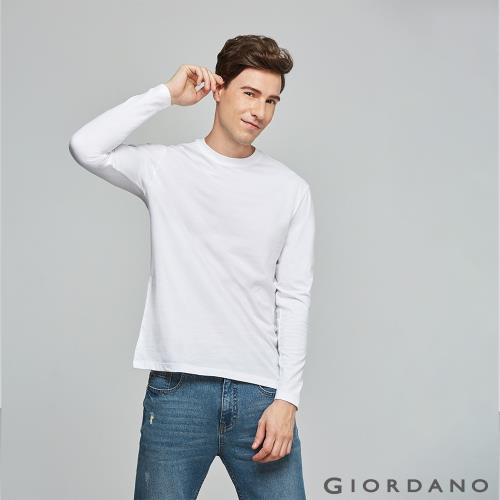 GIORDANO  男裝素色寬版圓領長袖T恤-01 標誌白
