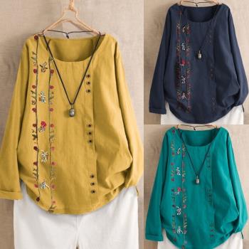 麗莎熊 LisaBear 民俗風刺繡紐扣棉麻長袖上衣 S~5XL 三色可選