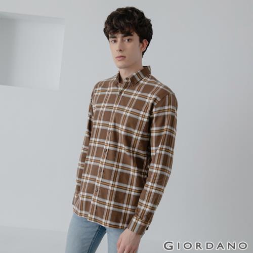 GIORDANO  男裝法蘭絨溫暖磨毛長袖襯衫 - 32 深棕/皎白格紋