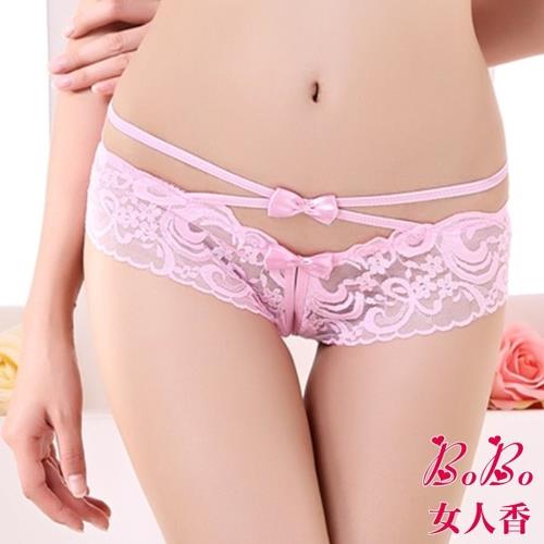 女人香 日系透明蕾絲 交叉細帶蝴蝶結開檔情趣低腰免脫丁字內褲-玫瑰粉