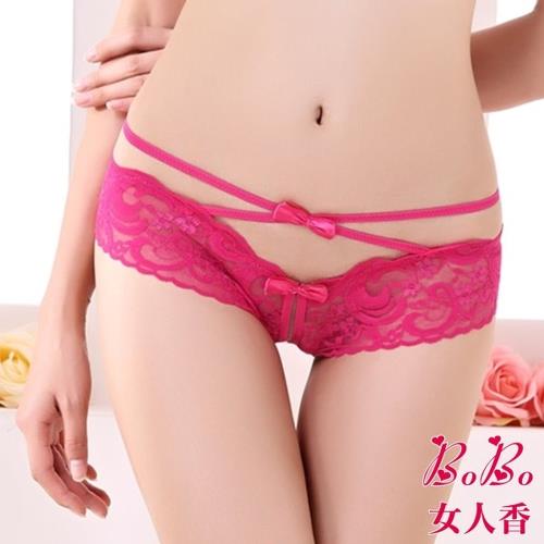 女人香 日系透明蕾絲 交叉細帶蝴蝶結開檔情趣低腰免脫丁字內褲-胭脂桃